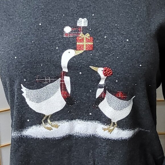 Karen Scott grey long-sleeve Christmas t-shirt with Christmas geese sparkle XL - Picture 2 of 9